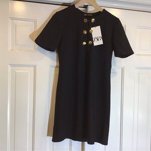 Zara NWT Elegant Black Shift Dress Gold Accents Elevated Staple Classic Luxury